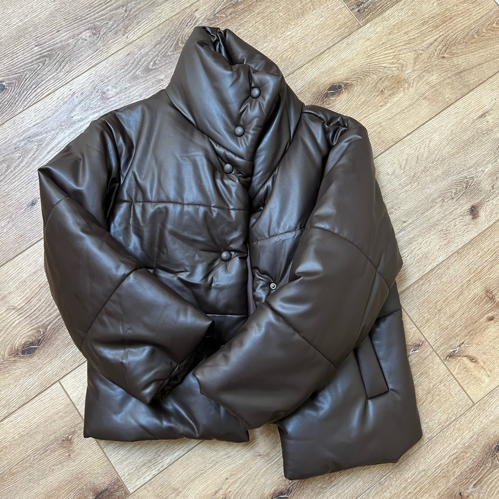 Brown Faux Leather Look Collar Puffer Jacket